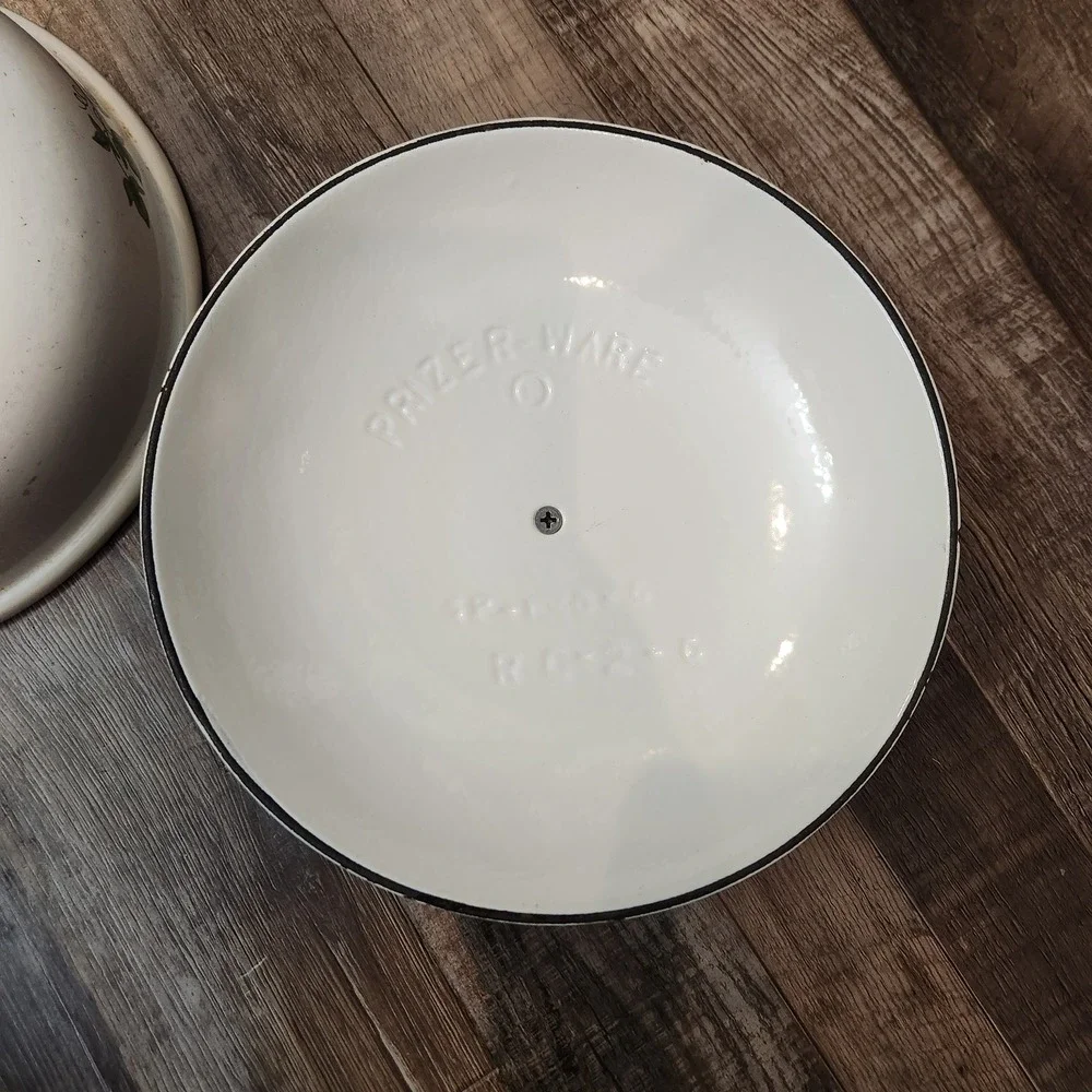 Vintage Prizer-Ware Enameled Cast Iron Skillet with Lid White Green Ivy 8 inch